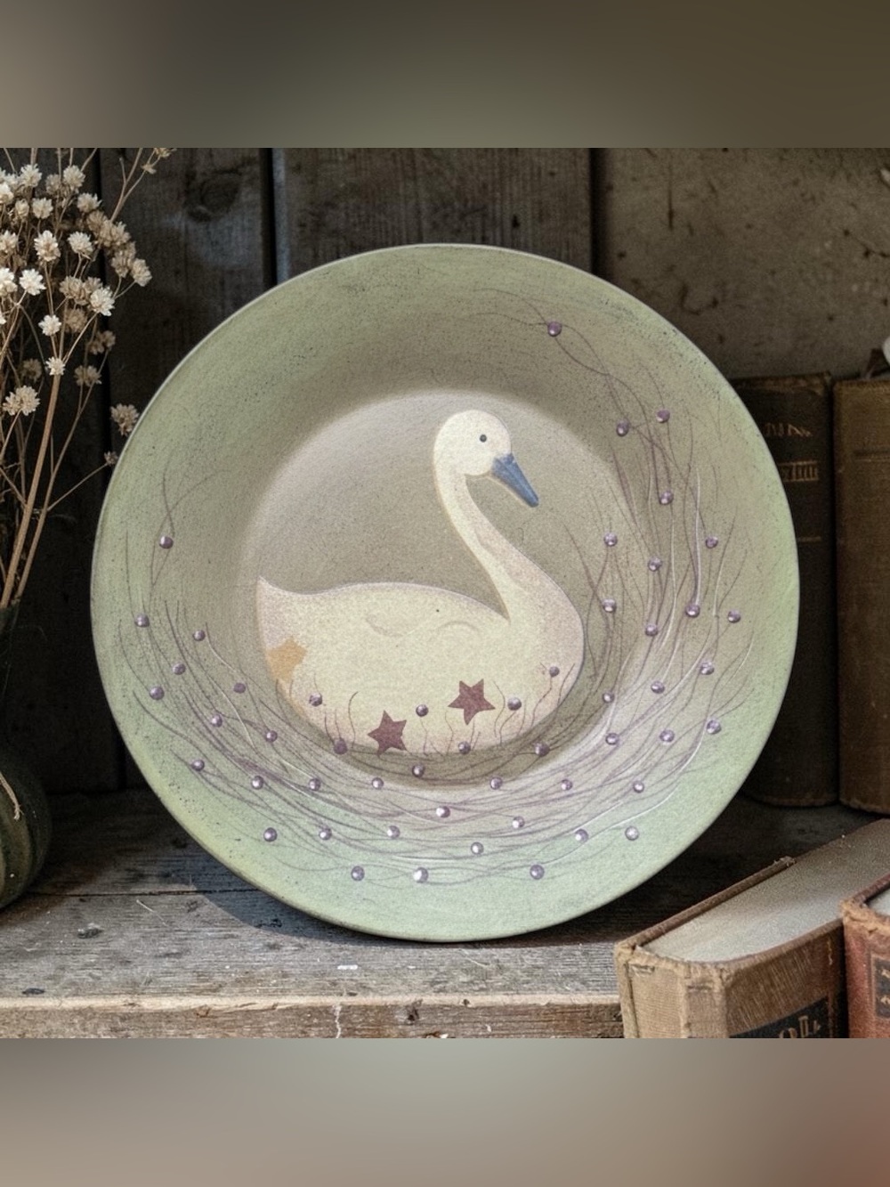 Vtg Primitive Swan Decorative 12.5” Round Plate Tray Resin Wood Primitive Rustic